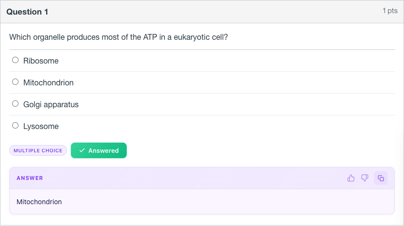 A Canvas quiz question with the extension in normal mode: a multiple choice badge, a green Answered button and a purple answer card that reads Mitochondrion.