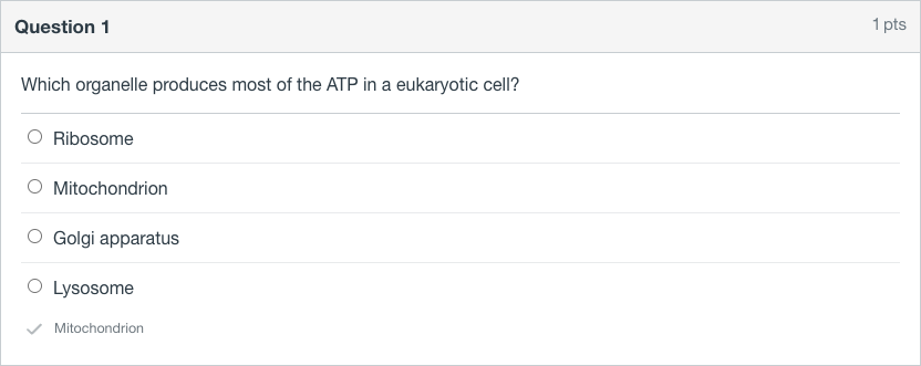 The same Canvas quiz question in discreet mode: no button or card, only a small check mark and the answer Mitochondrion in small gray text under the choices.